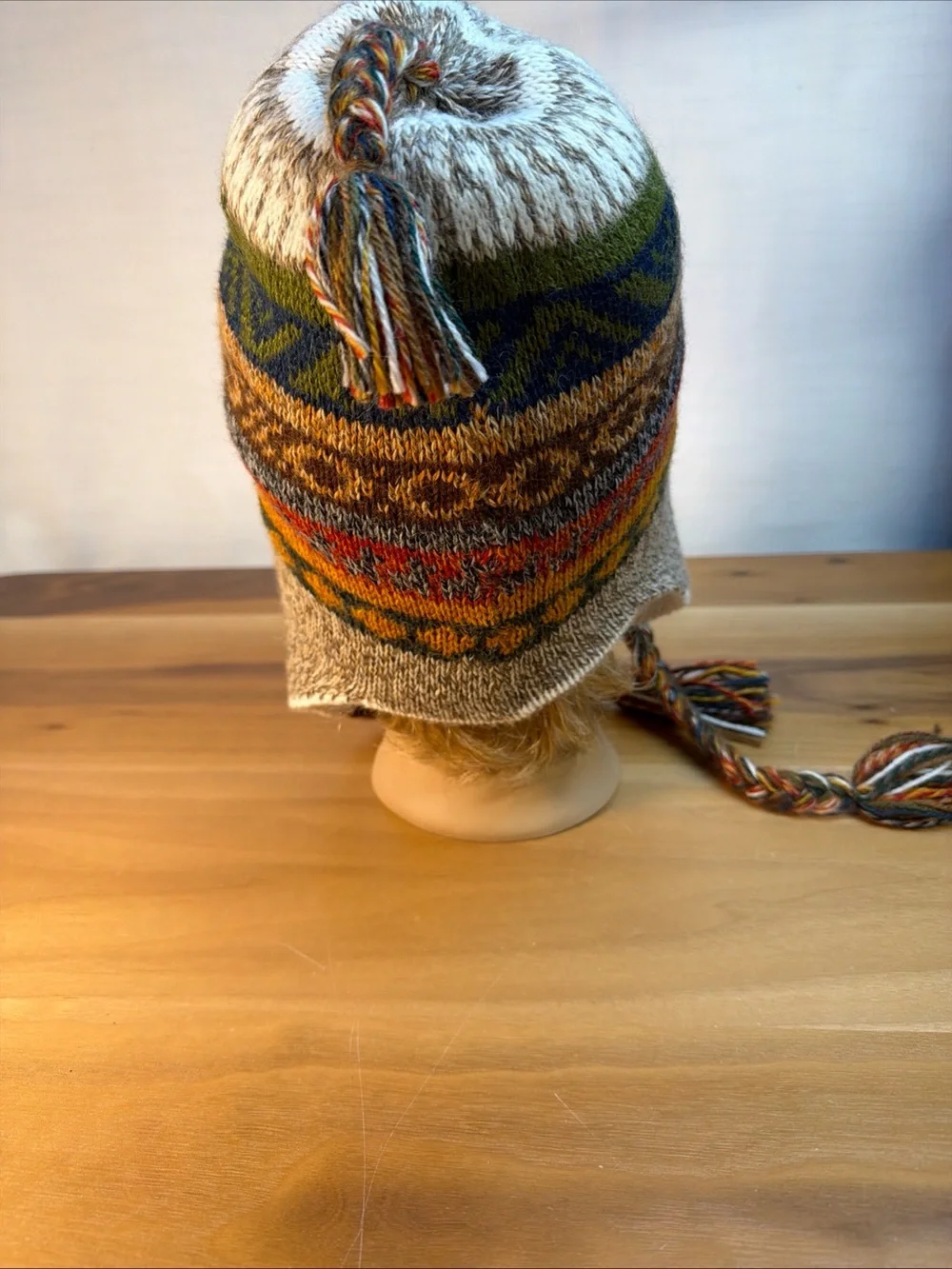 Soft Baby Alpaca Reversible Chullo Beanie Hat Beige Unisex Colorful Boho Peru